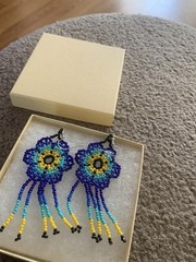 Handmade Beaded Dangle Earrings In Colorful Blues and Yellow 3 Inches. New