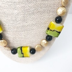 NWT Genuine Murano Glass, Pearls & Black Onyx Beaded Necklace Green Yellow Gold