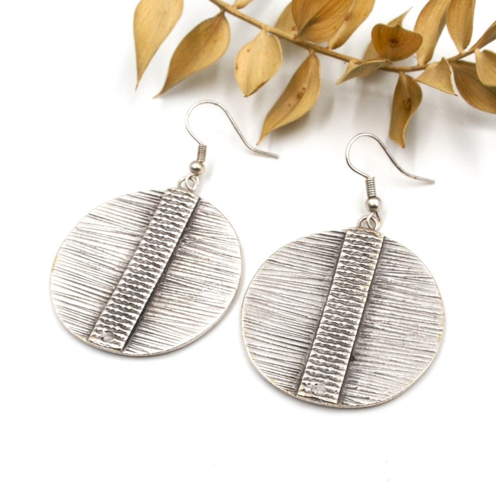 Bold Silver Round Disc Dangle Earrings Textured Boho Geometric Statement Jewelry