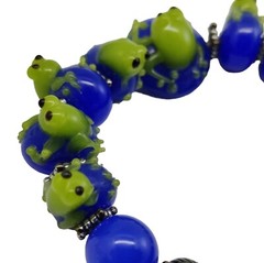 Lampwork Glass Cobalt Blue Beads Elastic Bracelet Green Frogs