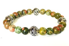 Handmade 8mm Unakite Gemstone & 10mm .925 Tibetan Silver Bali Bead Bracelet