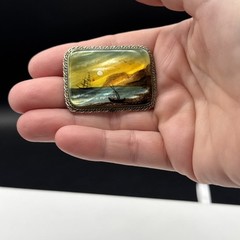 Vintage Brooch Fedoskino Hand Painted Mother of Pearl Coastal Ships Signed KM 98