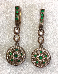 Sterling Silver & Bronze Earrings Green Onyx White Topaz 925 TURKISH 1.7″ 7699