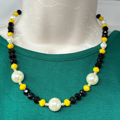 Handmade Beaded Necklace Opaque Black & Yellow Faceted Glass White Faux Pearls
