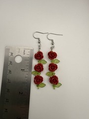 Red Rose Dangle Earrings 2.5″ Floral Statement Nickel Free Hook Romantic Jewelry