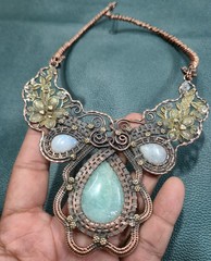Natural Amazonite & Moonstone Wire Wrap Necklace Artisan Copper Jewelry For Her
