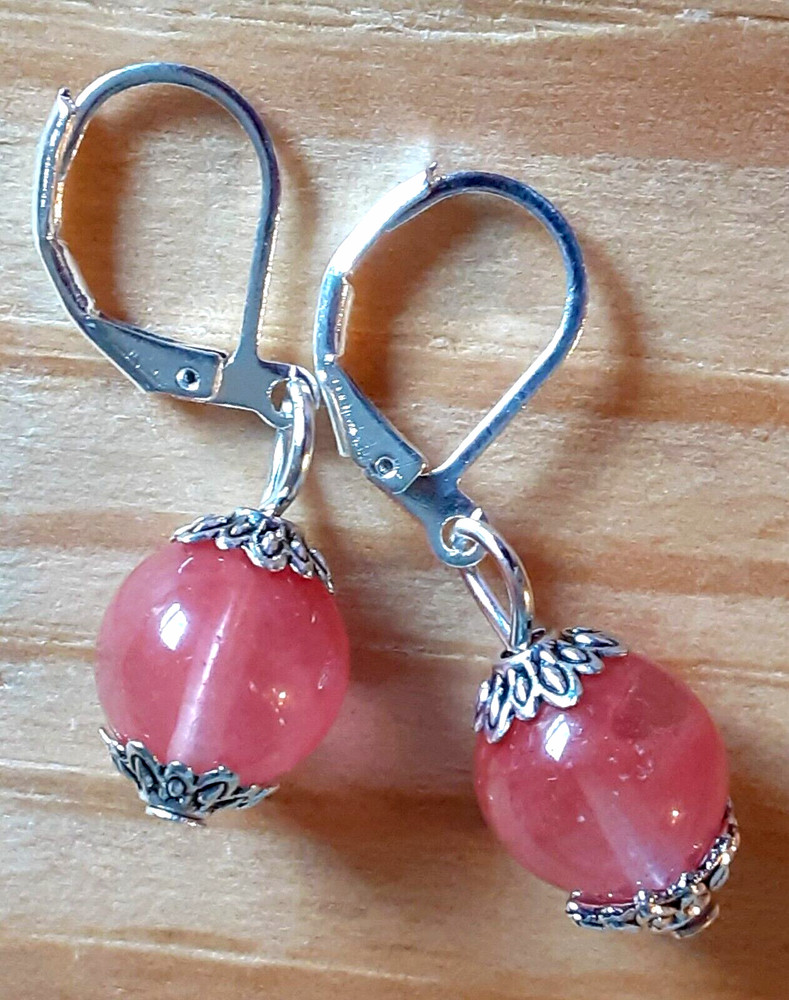 CHERRY QUARTZ round simple drop earring SP LEVERBACK HANDCRAFTED WPC18