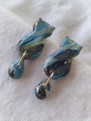 Handcrafted Polymer Clay Resin Gold Dangle Stud Earrings Blue Black White Cat