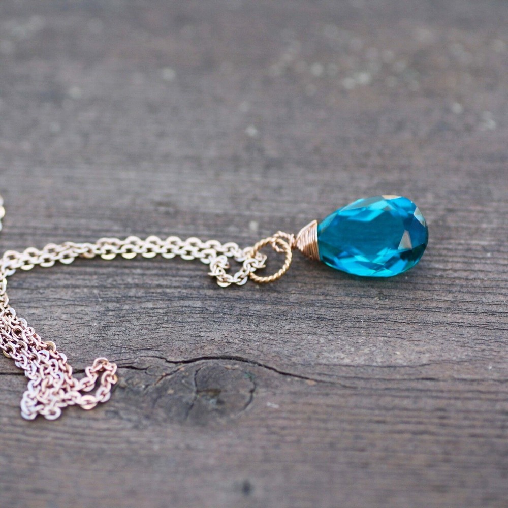 Lab Made Paraiba Tourmaline Pendant Wire Wrapped Briolette 14k Rose Gold Filled