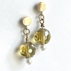 Round faceted Citrine Czech Glass w/Tiny Faux Pearl Accent Dangle Post Earrings