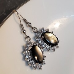 Elegant Black Lip Shell Oval Cab Lab Diamonds Silver Platinum Plated Earrings