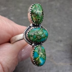Sonoran Gold Turquoise Ring Adjustable 6-8 Sterling Silver 3 Stone Southwestern