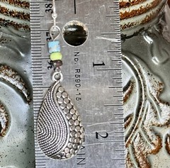 Etched Silver Teardrop Dangle with Blue, Green and Brown Earrings. Boho