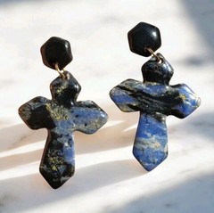 Handcrafted Polymer Clay Resin Gold Dangle Stud Earrings Black Blue Cross