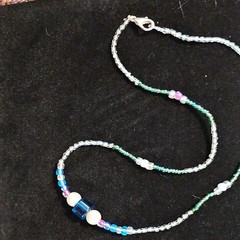 Beaded Necklace Multicolor Glass Blue Pink Green White Round Lobster Clasp
