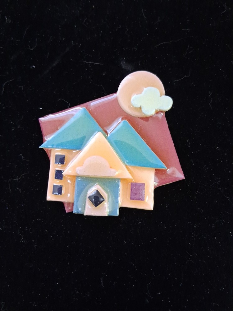 Vintage House Pins by Lucinda 3 Houses & A Cloud, Green, Brown & Peach Colors