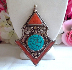 HANDMADE TIBETAN TURQUOISE AND CORAL 925 STERLING SILVER PENDANT-3.25″ X 2.2″