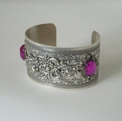 Engraved Silver Cuff Bracelet Purple Stones Victorian Gothic Art Deco Nouveau