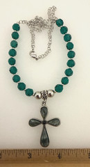 Rhodium 1 1/4″ x 1 3/4″ Seraphinite Cross Green Crystal Beaded 20″ Necklace
