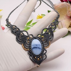 Handmade Natural Blue Opal Gemstone Bohemian Macrame Healing Choker Necklace