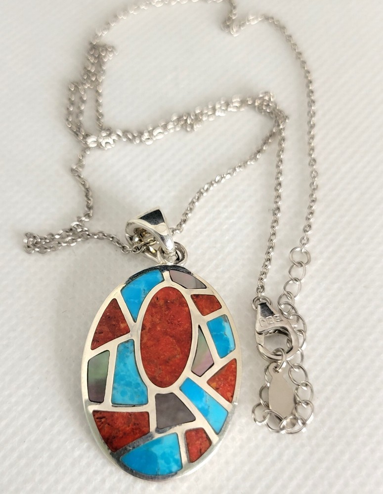 Vintage Coral Turquoise MOP Inlay Oval Pendant Necklace 925 Sterling Silver 18″