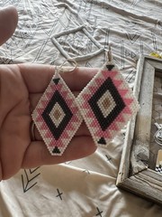 Handcrafted Beaded Dangle Earrings Diamond Pink White Black Bohemian