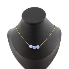 Necklace 3 Beads Aquamarine 0 5/16in Chain Steel Golden Stainless Necklace Fem