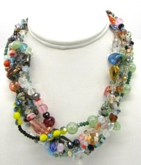 Artisan Glass Beads Mix Color Shapes Multi Braided Strands Collar Necklace 15.5″