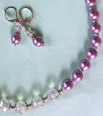 FACETED CRYSTAL LAVENDER glass pearl SP necklace set LEVERBACK