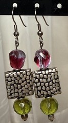 Artisan Mixed Media Dangle Earrings Silver Tone Pink Green Faceted Beads