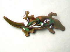 ALLIGATOR Pin Brooch- Enamel on Copper Signed INGA-BROWN/GREEN/WHITE Enamel