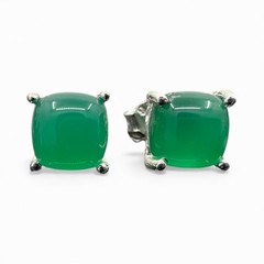 Natural Green Onyx Cabochon Stud Earrings 925 Sterling Silver Handmade