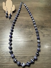 22” Handmade Beaded Necklace Earrings Set Purple Striped Round & Seed Beads New