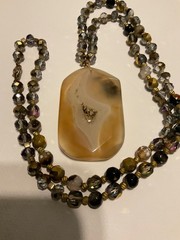 Beautiful Golden Translucent Scenic Dendrite Agate Pendant beaded Necklace 30”
