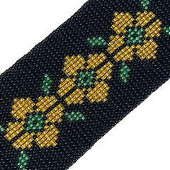 Beaded woven cuff bracelet black yellow flower 1.88″ wide boho handmade A