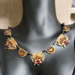 Adaya Handcrafted Glass Statement Bib Necklace Gold Amber Red Brass Snake Chain