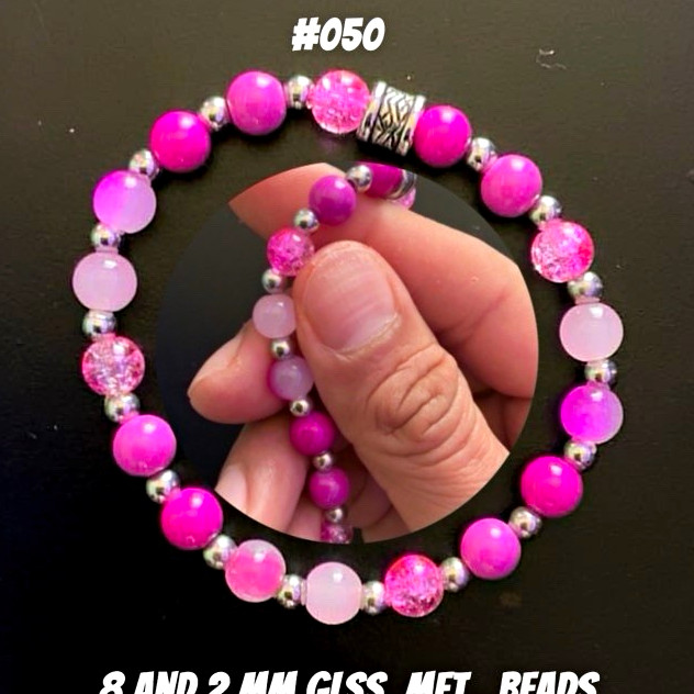 Handmade Pink/Silver Glass & Metal Beaded Bracelet, Round Beads, Unisex #050