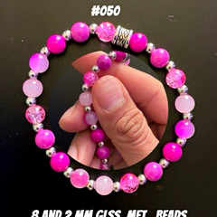 Handmade Pink/Silver Glass & Metal Beaded Bracelet, Round Beads, Unisex #050