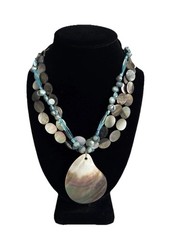 Artisan Blue Glass, Pearl, Shell Bead 3-Strand Pendant Toggle Necklace 17″