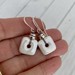 Min Favorit Ivory Opal Ceramic Mykonos Greek Bead W/Mixed Metal Artisan Earrings