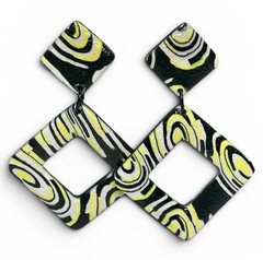 Yellow Black & White Swirl Square Handmade Polymer Clay Dangle Earrings SS Posts