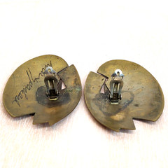 Hilary Packard Clip-On Earrings Large Abstract Statement Patinated Brass Signed