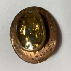 Vintage Stamped Copper Oval Artisan Earrings Golden Yellow Glitter Pierced Stud