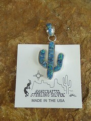 Southwest Saguaro Cactus Sterling Silver Denim Lapis Opal pendant handcrafted
