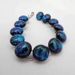 Vtg Dichroic Round Cabochon Glass Link Bracelet Blue Teal Green Silver Tone 7″