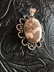 Wild Horse Turquoise, White with Crazy Brown Matrix Flower Bezel Pendant 2″