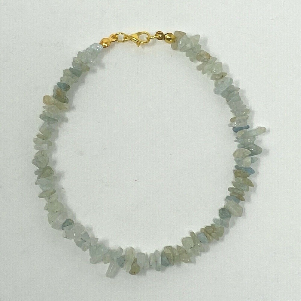 Handmade Anklet Gold Tone Small Rough Aquamarine Stone Chip Beads Pale Blue 9.75