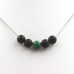 Malachite And Matte Black Onyx Bead Necklace 8 Mm. Steel Chain Women’s Necklace