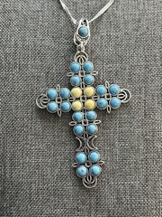 Himalayan Gems Cross Pendant, Turquoise & Butterscotch Amber, 18″ Chain 925
