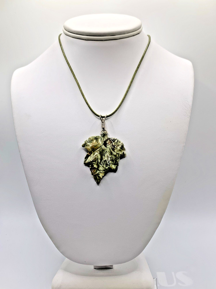 Nature Inspired Carved Green Jasper Leaf necklace with green cord